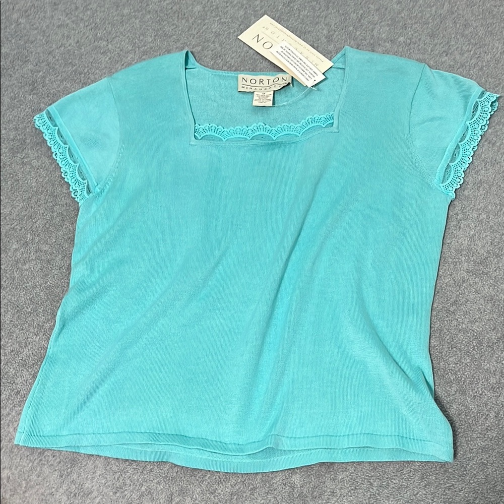 Norton McNaughton Silk Knit Top Medium Lace Square Neck Summer Coastal Quiet